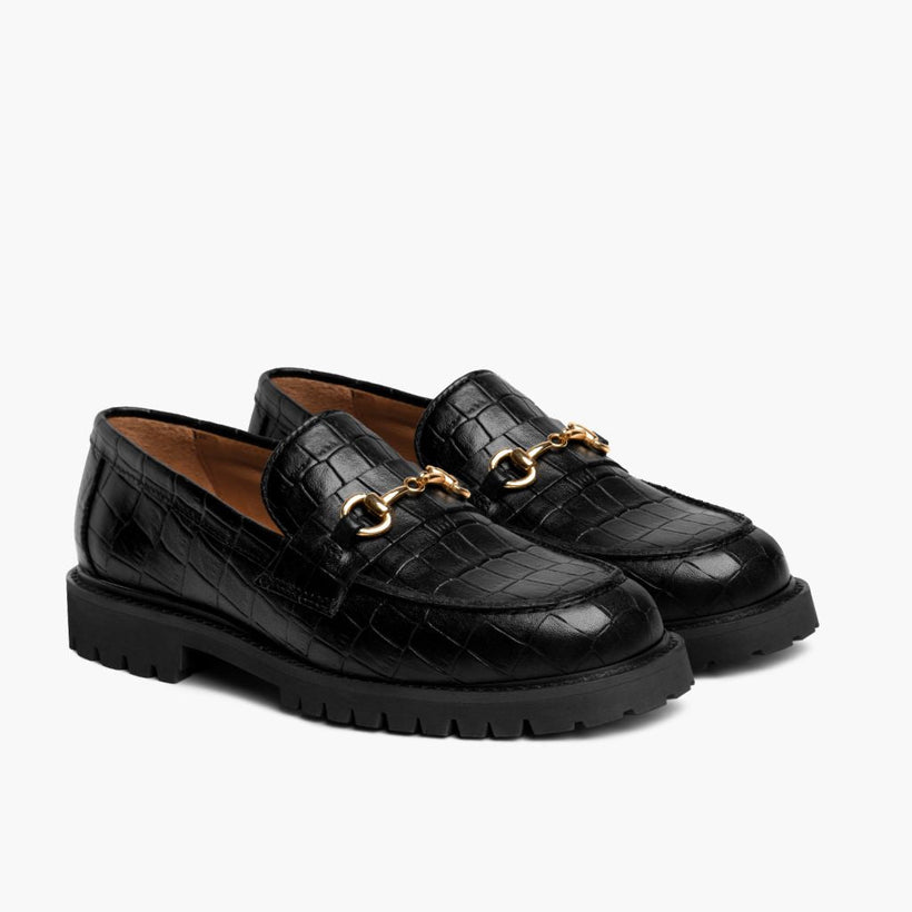 Penny 블랙 & Gold Croco Leather Loafers 여성용