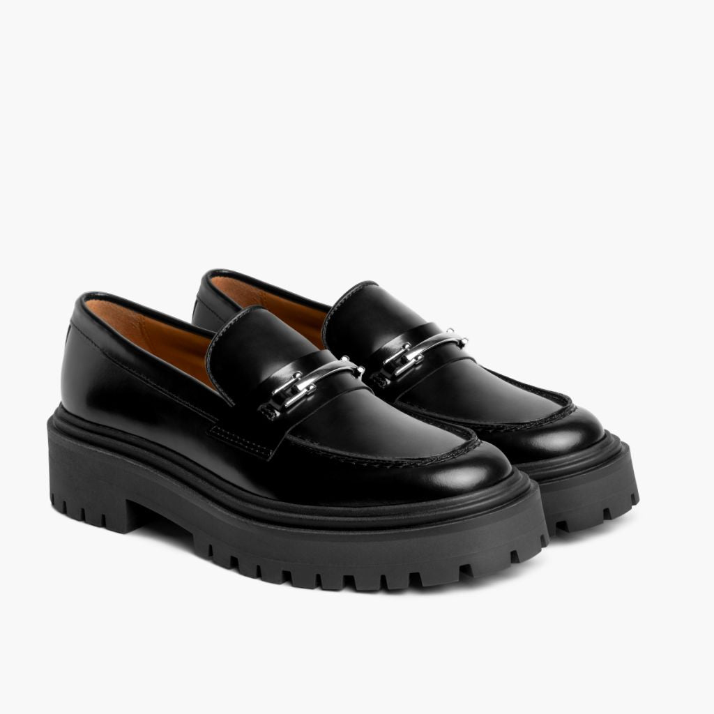 Penny Platform 블랙 & Silver 가죽 로퍼 여성용 블랙 최고급 천연 소가죽 - 측면 프로필 뷰 | 공식 온라인 스토어 구매