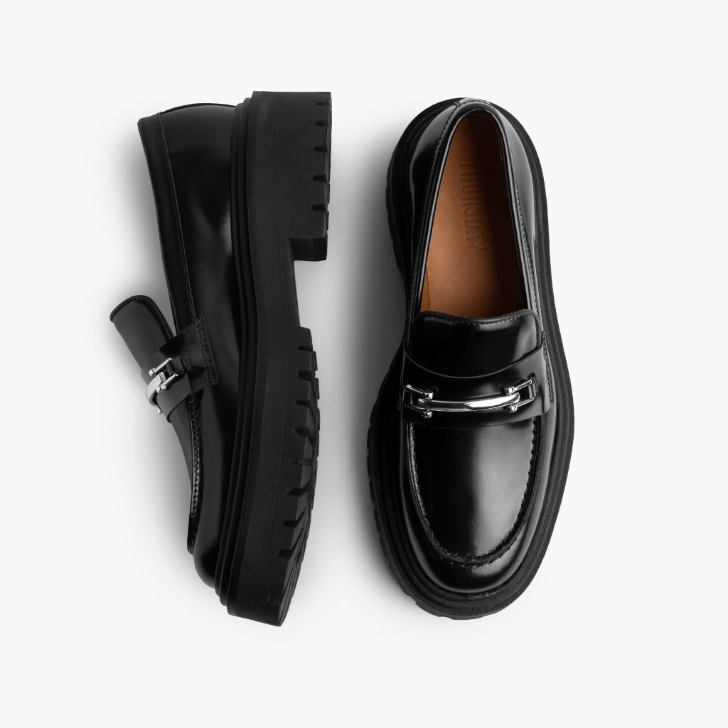 Penny Platform 블랙 & Silver 가죽 로퍼 여성용 - 보강된 힐 카운터 및 정밀 2열 스티치 디테일