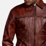 Men's Abstract Maroon 가죽 자켓 남성용 - Lateral Side Profile View Showing Sleeve Cut &amp; Athletic Taper Fit
