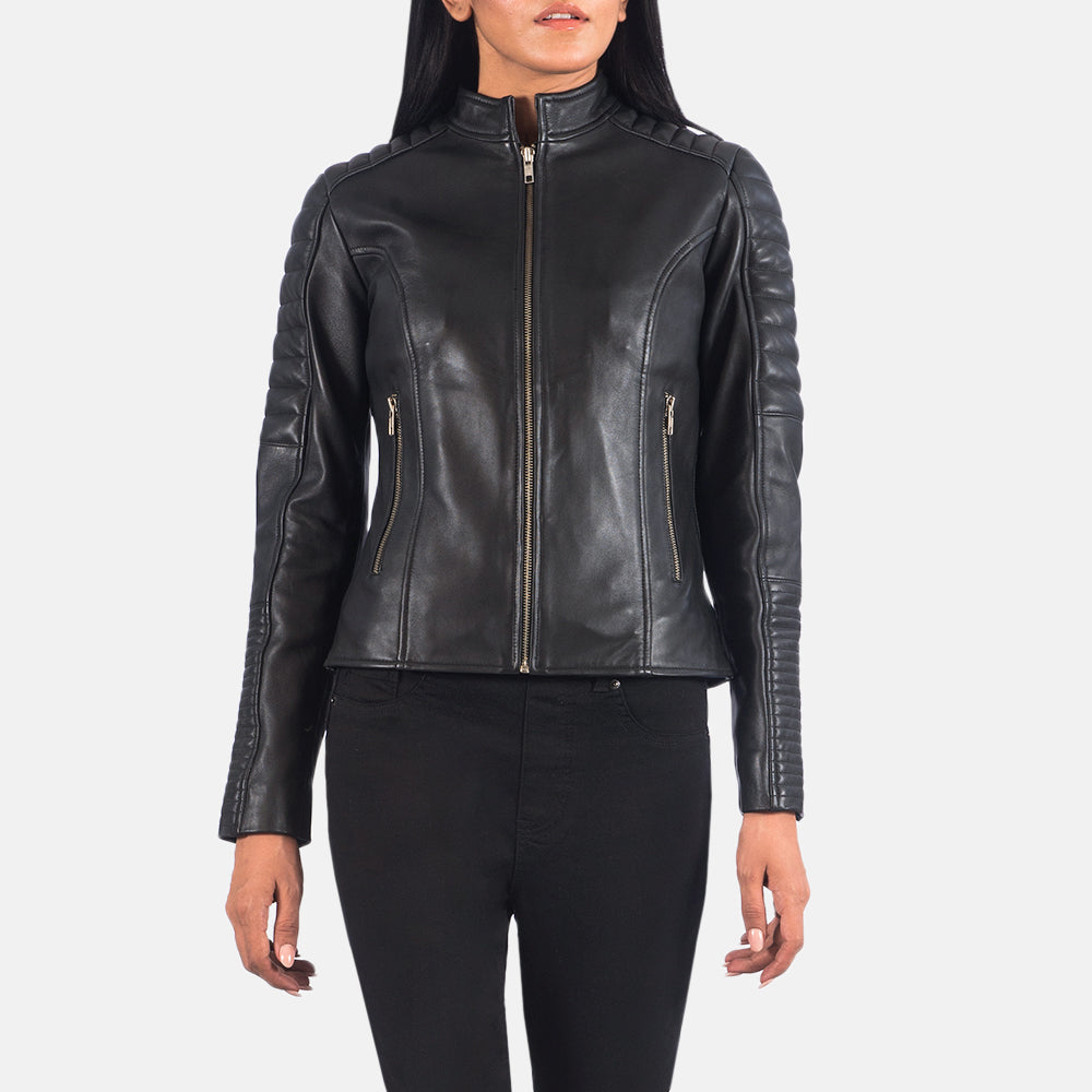 
Black Sheepskin Leather Biker Jacket - 어깨 라인과 깔끔한 밑단이 돋보이는 뒷면 뷰
