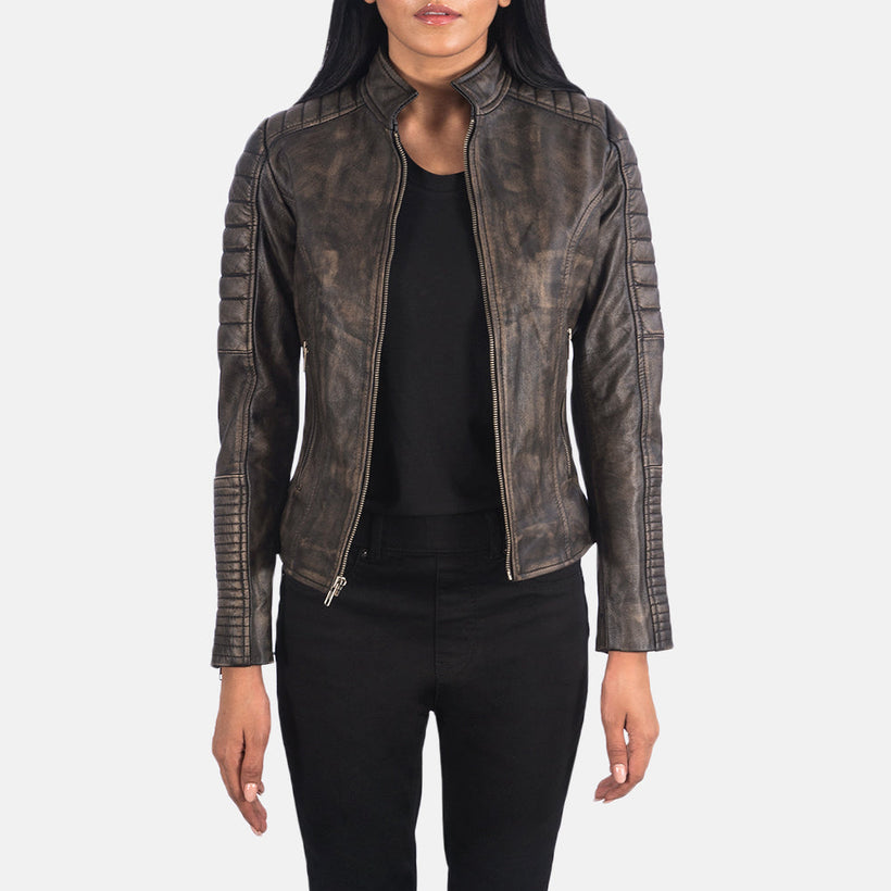 Adalyn Quilted Distressed 브라운 가죽 라이더 자켓 여성용