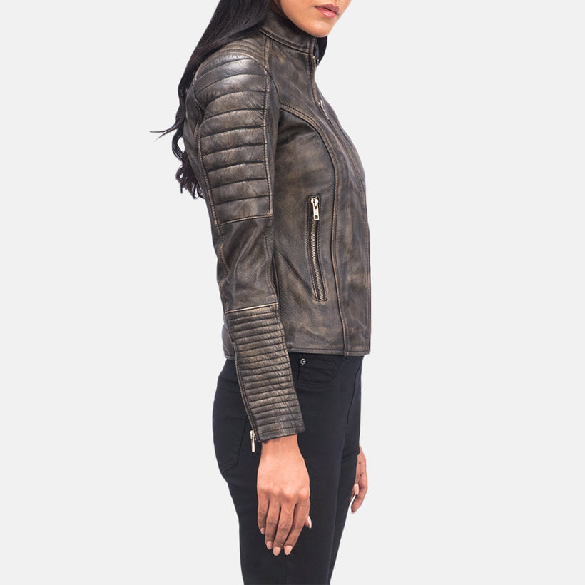 Adalyn Quilted Distressed 브라운 가죽 라이더 자켓 여성용