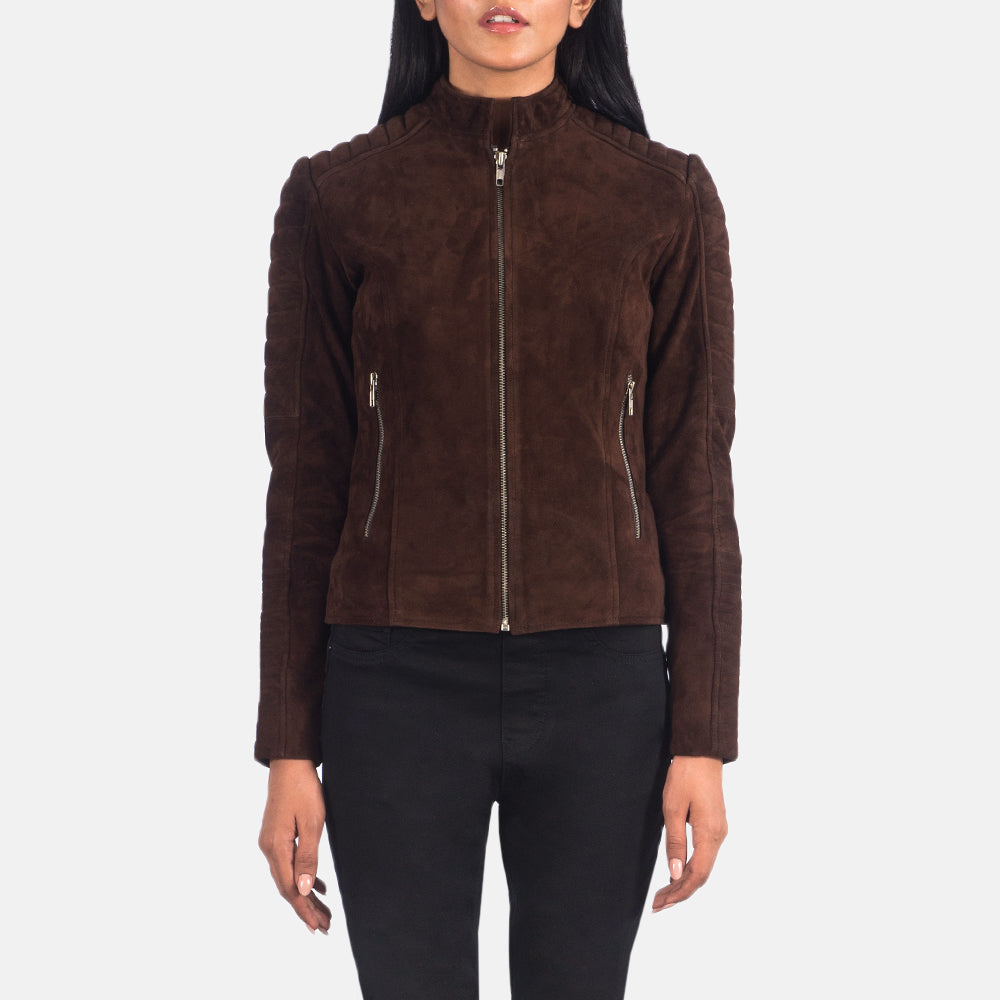 Women's Adalyn Quilted Mocha Suede 가죽 라이더 자켓 여성용 in Mocha Brown Goatskin Suede - Front Profile View &amp; Tailored Silhouette | Buy Online