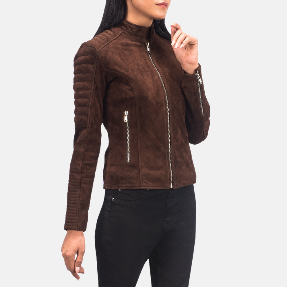 Women's Adalyn Quilted Mocha Suede 가죽 라이더 자켓 여성용 - Lateral Side Profile View Showing Sleeve Cut &amp; Athletic Taper Fit