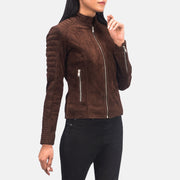 Women's Adalyn Quilted Mocha Suede 가죽 라이더 자켓 여성용 - Lateral Side Profile View Showing Sleeve Cut &amp; Athletic Taper Fit