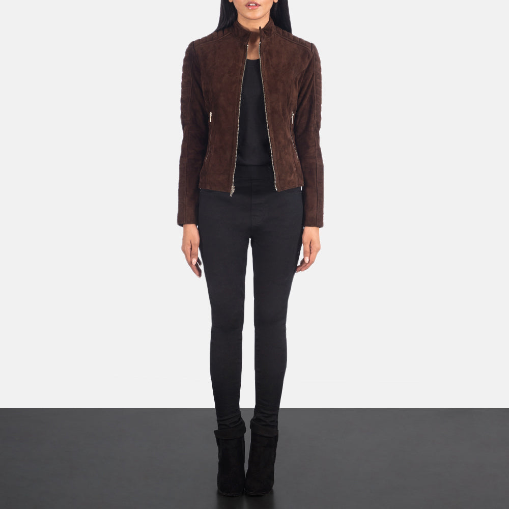 Close-Up Detail of Band & Zipper Hardware on Women's Adalyn Quilted Mocha Suede Biker Jacket