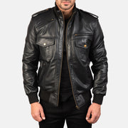 Men's Agent Shadow 블랙 가죽 봄버 자켓 남성용 in Black Sheepskin Leather - Front Profile View &amp; Tailored Silhouette | Buy Online