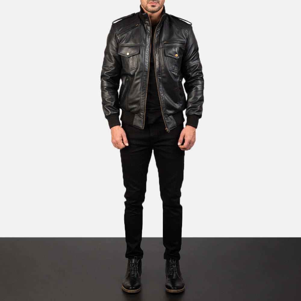 Men's Agent Shadow 블랙 가죽 봄버 자켓 남성용 - Lateral Side Profile View Showing Sleeve Cut &amp; Athletic Taper Fit