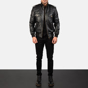 Men's Agent Shadow 블랙 가죽 봄버 자켓 남성용 - Lateral Side Profile View Showing Sleeve Cut &amp; Athletic Taper Fit