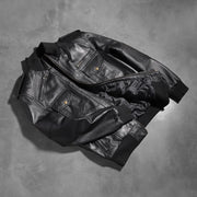 Rib knit &amp; Hem Craftsmanship Construction Detail on Men's Agent Shadow 블랙 가죽 봄버 자켓 남성용