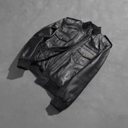 Styled Fit Perspective of Men's Agent Shadow 블랙 가죽 봄버 자켓 남성용 on Model - Natural Daylight Drape