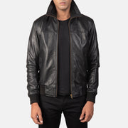 Men's Air Rolf 블랙 가죽 봄버 자켓 남성용 in Black Sheepskin Leather - Front Profile View &amp; Tailored Silhouette | Buy Online