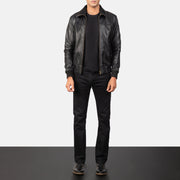 Men's Air Rolf 블랙 가죽 봄버 자켓 남성용 - Lateral Side Profile View Showing Sleeve Cut &amp; Athletic Taper Fit
