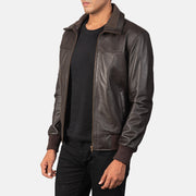 Dark Brown Sheepskin Leather Bomber Jacket - Back View Showing Tailored Shoulder Fit &amp; Clean Hemline