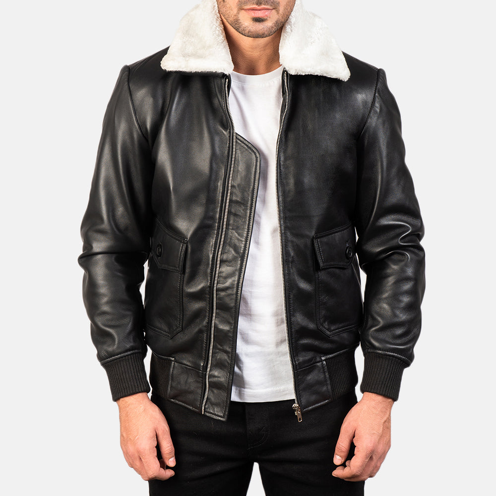
Airin G-1 Black & White Leather Bomber Jacket in Black Sheepskin Leather - 정면 스타일 및 테일러드 실루엣 | 공식 온라인 스토어 구매