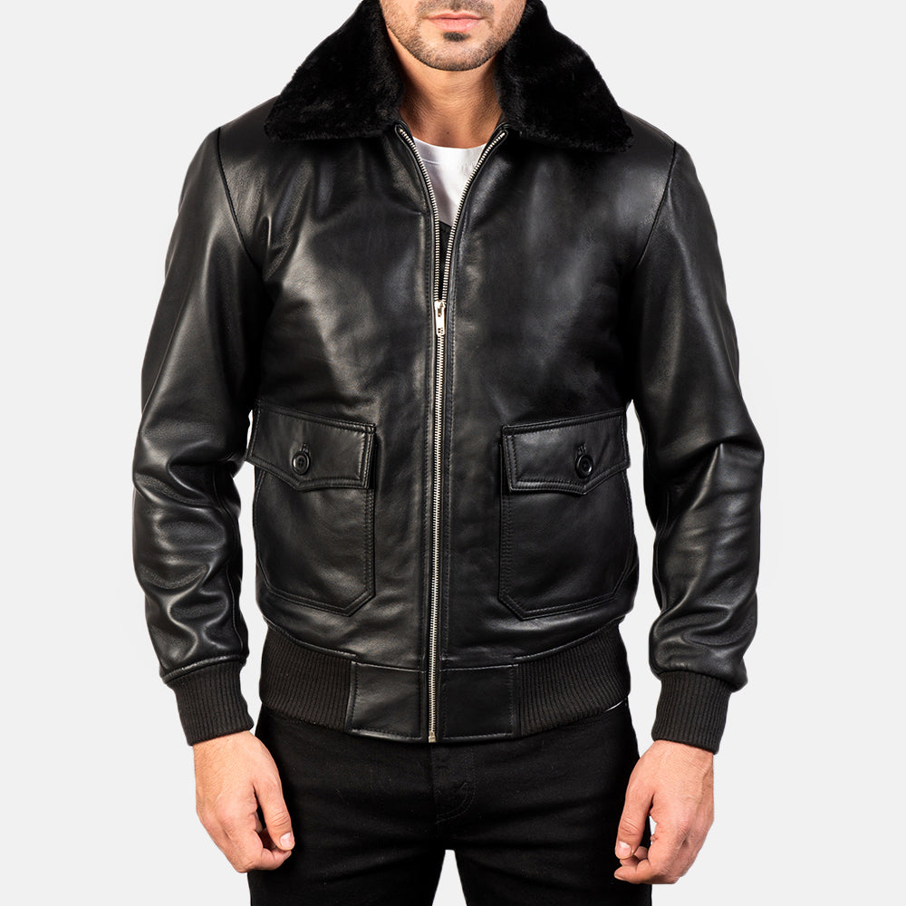 
클로즈업 상세 of Shirt with Removable Fur & Zipper Hardware on Airin G-1 블랙 가죽 항공 점퍼 봄버 남성용