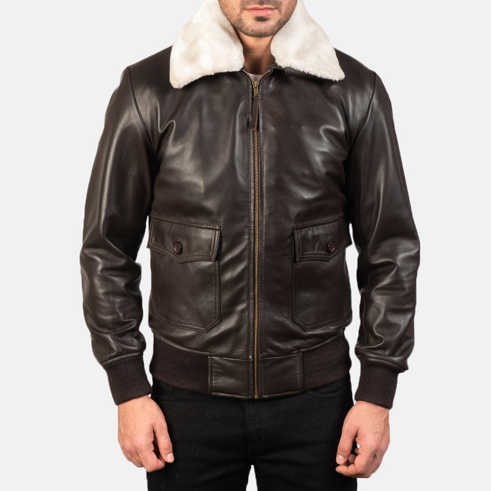 
클로즈업 상세 of Shirt with Removable Fur & Zipper Hardware on Airin G-1 브라운 가죽 항공 점퍼 봄버 남성용