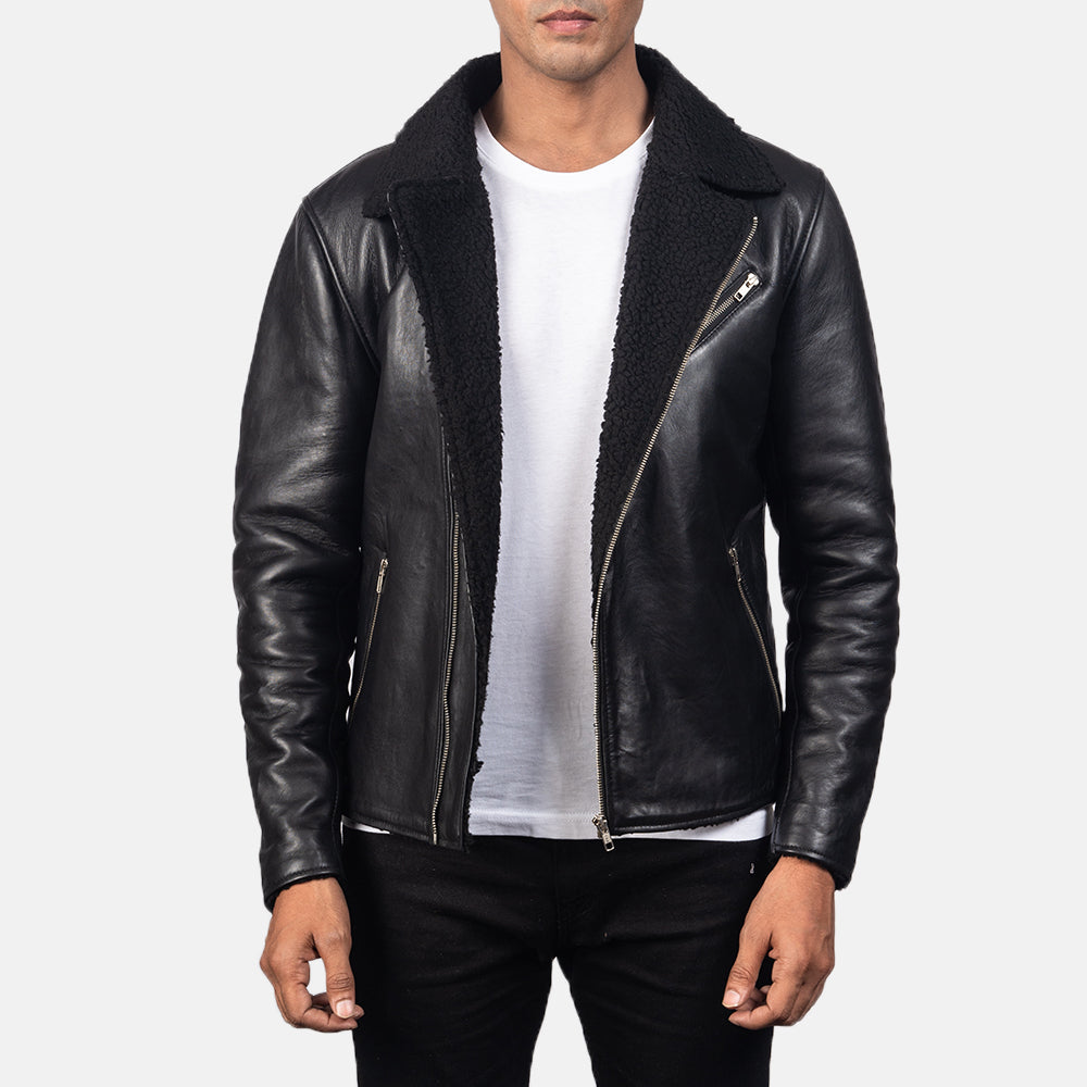 Men's Alberto Shearling 블랙 가죽 자켓 남성용 in Black Sheepskin Leather - Front Profile View &amp; Tailored Silhouette | Buy Online