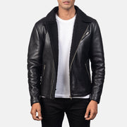 Men's Alberto Shearling 블랙 가죽 자켓 남성용 in Black Sheepskin Leather - Front Profile View &amp; Tailored Silhouette | Buy Online