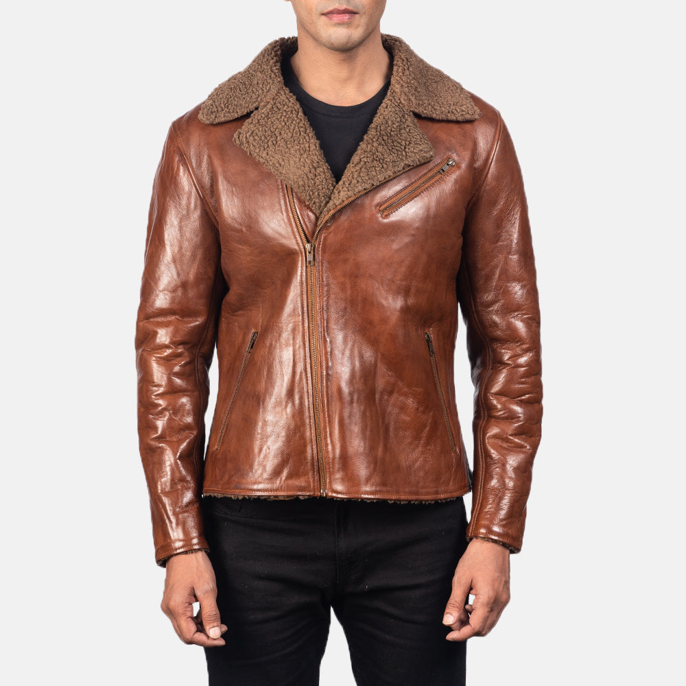 Men's Alberto Shearling 브라운 가죽 자켓 남성용 - Lateral Side Profile View Showing Sleeve Cut &amp; Athletic Taper Fit