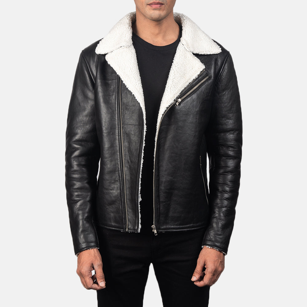 Men's Alberto White Shearling 블랙 가죽 자켓 남성용 in Black Sheepskin Leather - Front Profile View &amp; Tailored Silhouette | Buy Online