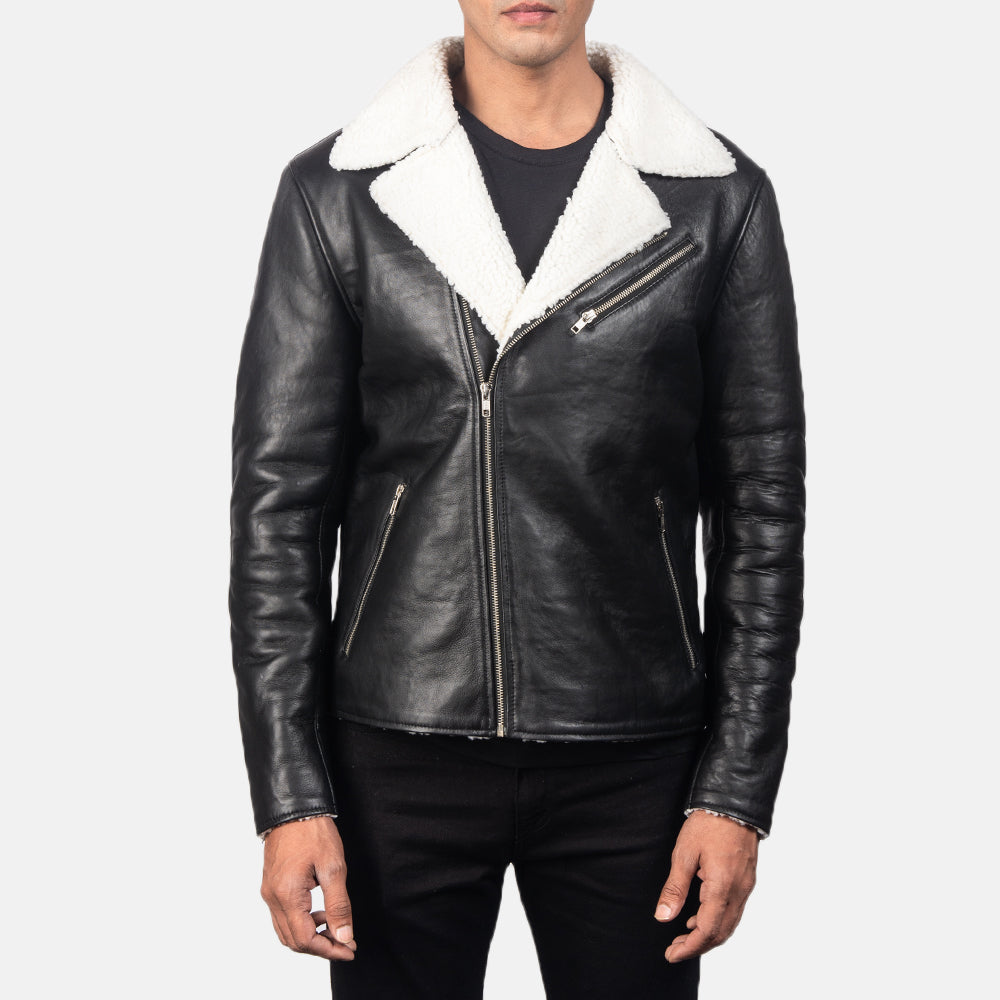 Men's Alberto White Shearling 블랙 가죽 자켓 남성용 - Lateral Side Profile View Showing Sleeve Cut &amp; Athletic Taper Fit