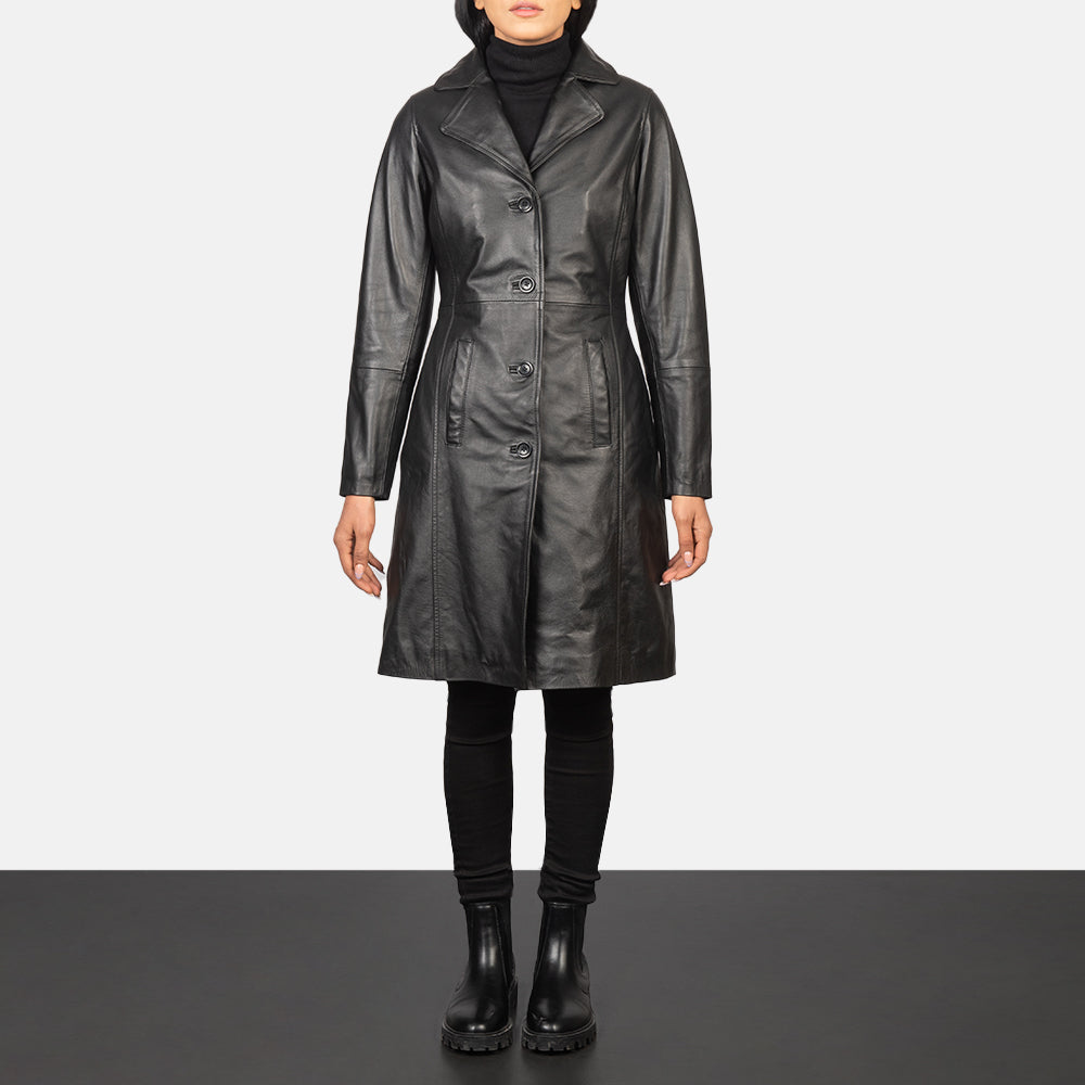 
Alexis 블랙 Single Breasted 가죽 코트 여성용 in Black Cowhide Leather - 정면 스타일 및 테일러드 실루엣 | 공식 온라인 스토어 구매
