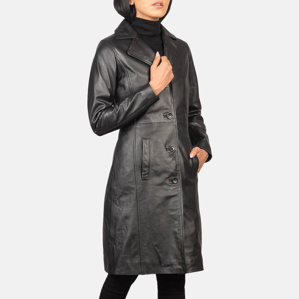 
Black Cowhide leather Coat - 어깨 라인과 깔끔한 밑단이 돋보이는 뒷면 뷰