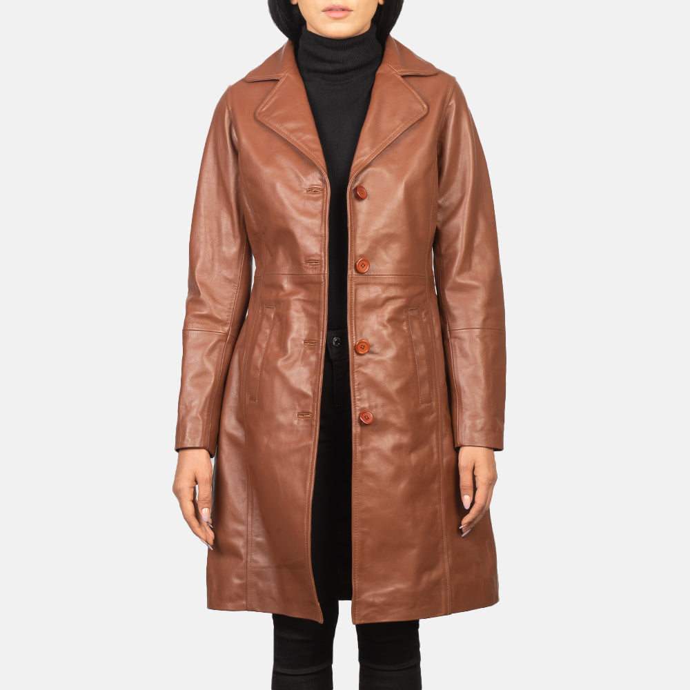 
Alexis 브라운 Single Breasted 가죽 코트 여성용 in Brown Cowhide Leather - 정면 스타일 및 테일러드 실루엣 | 공식 온라인 스토어 구매