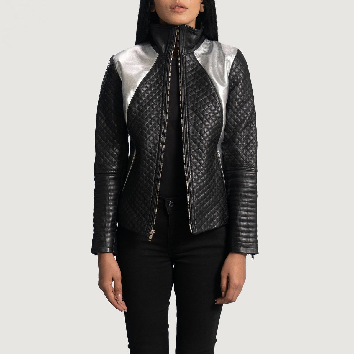 Women's Alia Metallic 블랙 가죽 라이더 자켓 여성용 in Black Sheepskin Leather - Front Profile View &amp; Tailored Silhouette | Buy Online