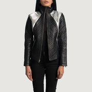 Women's Alia Metallic 블랙 가죽 라이더 자켓 여성용 in Black Sheepskin Leather - Front Profile View &amp; Tailored Silhouette | Buy Online