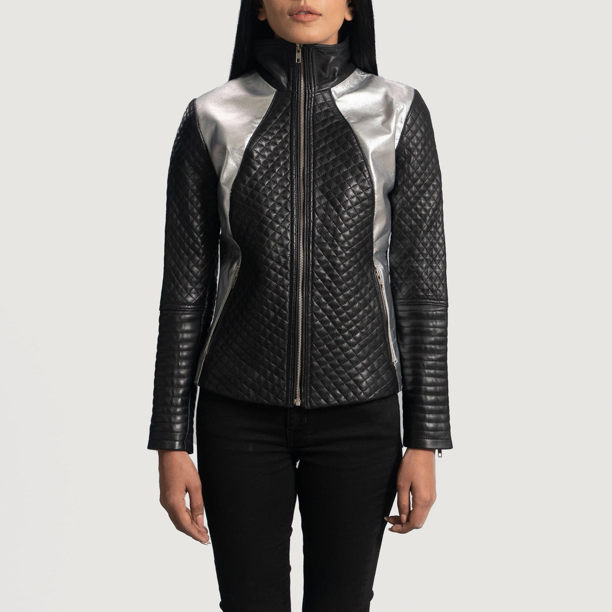 Women's Alia Metallic 블랙 가죽 라이더 자켓 여성용 - Lateral Side Profile View Showing Sleeve Cut &amp; Athletic Taper Fit