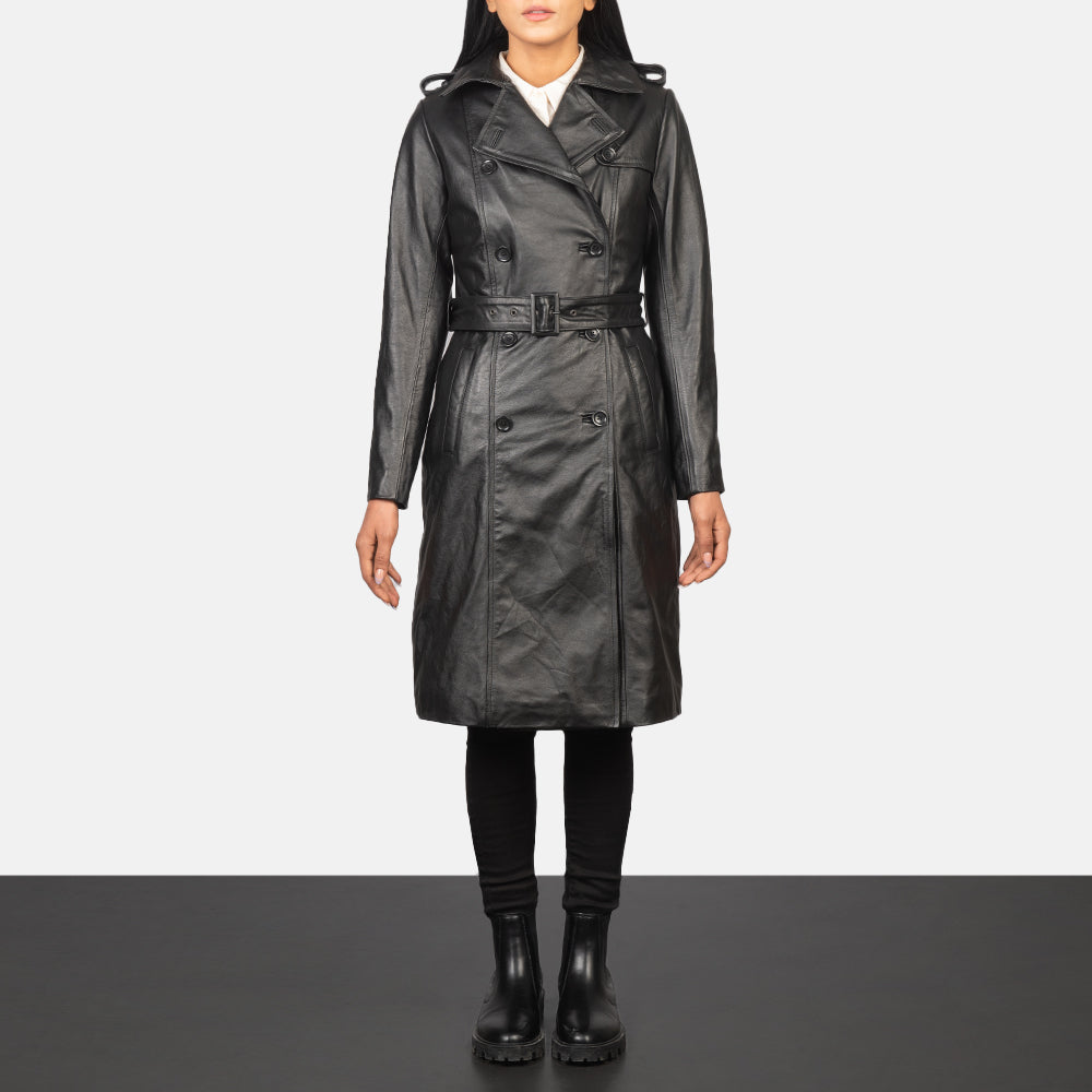 
Alice Black Double Breasted Leather Coat in Black Cowhide Leather - 정면 스타일 및 테일러드 실루엣 | 공식 온라인 스토어 구매