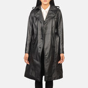 
Alice Black Double Breasted Leather Coat - 입체 소매 커팅과 슬림 테이퍼드 핏을 보여주는 측면 뷰