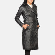 
클로즈업 상세 of Notch & Buttons Hardware on Alice Black Double Breasted Leather Coat