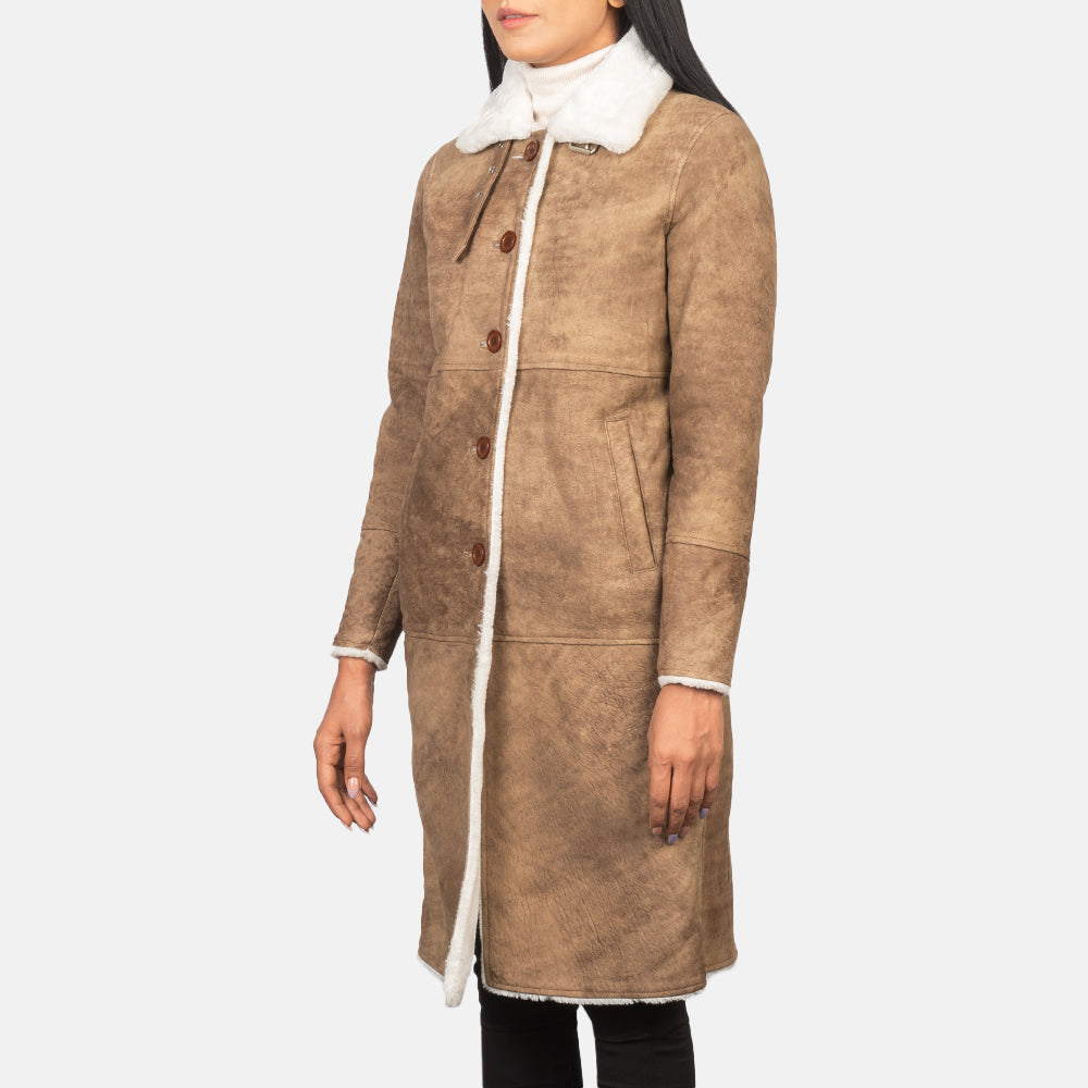 Women's Alina Shearling 브라운 가죽 롱 코트 여성용 in Distressed Brown Sheepskin Leather - Front Profile View &amp; Tailored Silhouette | Buy Online