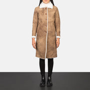 Women's Alina Shearling 브라운 가죽 롱 코트 여성용 - Lateral Side Profile View Showing Sleeve Cut &amp; Athletic Taper Fit