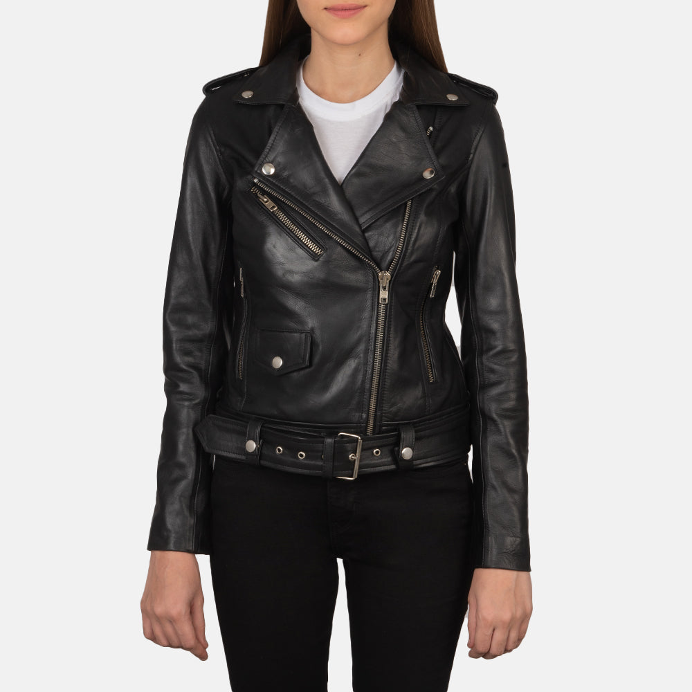 Women's Alison 블랙 가죽 라이더 자켓 여성용 in Black Cowhide Leather - Front Profile View &amp; Tailored Silhouette | Buy Online