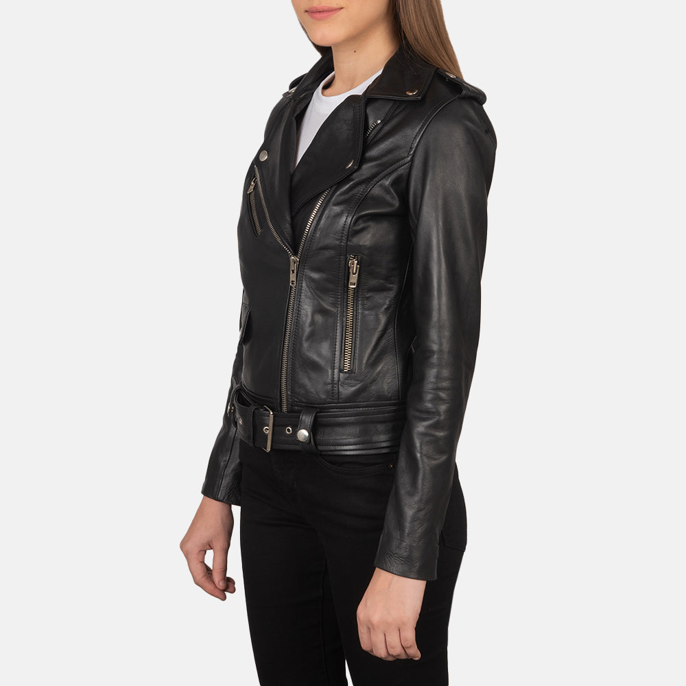Close-Up Detail of Notch & Zipper Hardware on Women's Alison Black Leather Biker Jacket