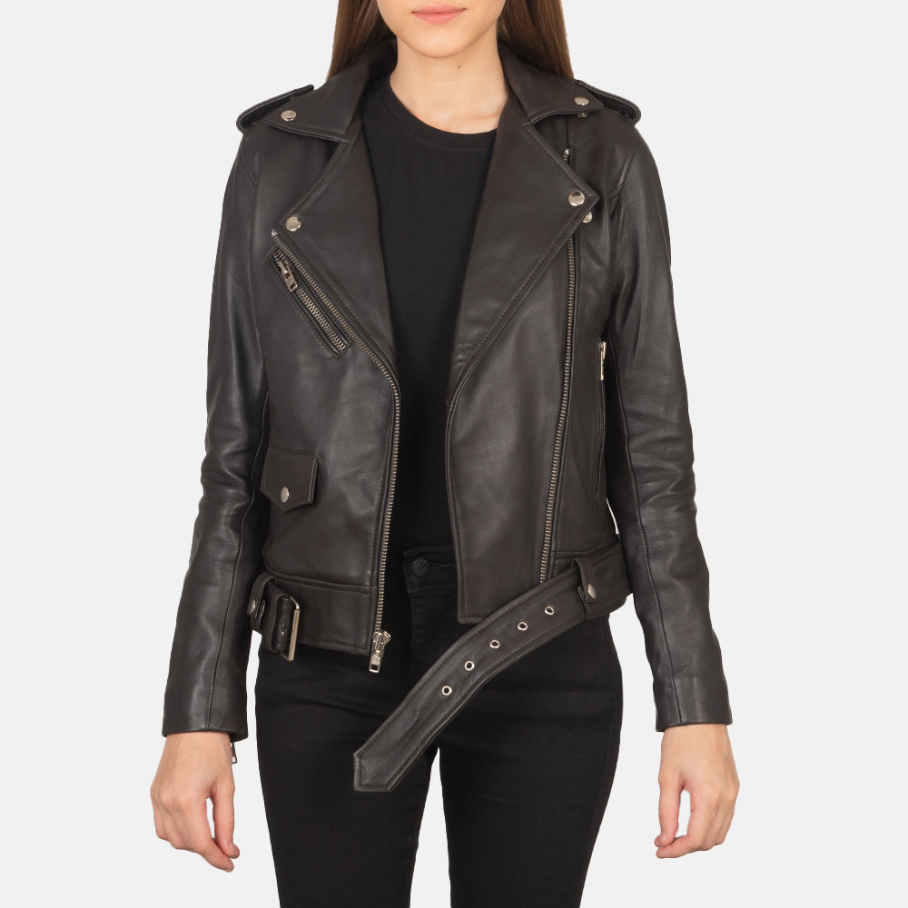 Women's Alison 브라운 가죽 라이더 자켓 여성용 in Brown Sheepskin Leather - Front Profile View &amp; Tailored Silhouette | Buy Online
