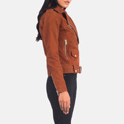 
Brown Goatskin Suede Biker Jacket - 어깨 라인과 깔끔한 밑단이 돋보이는 뒷면 뷰