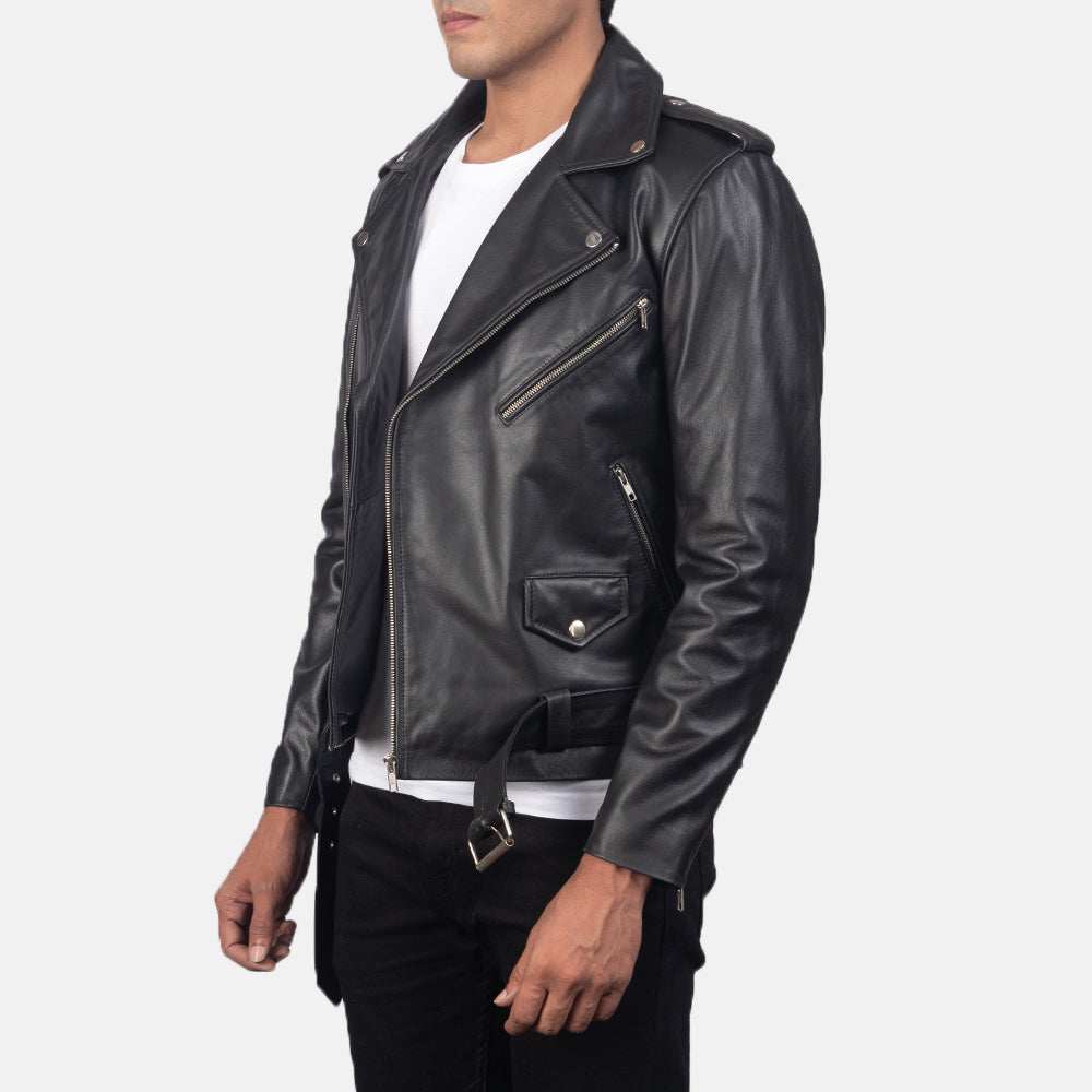 
Black Cowhide Leather Biker Jacket - 어깨 라인과 깔끔한 밑단이 돋보이는 뒷면 뷰