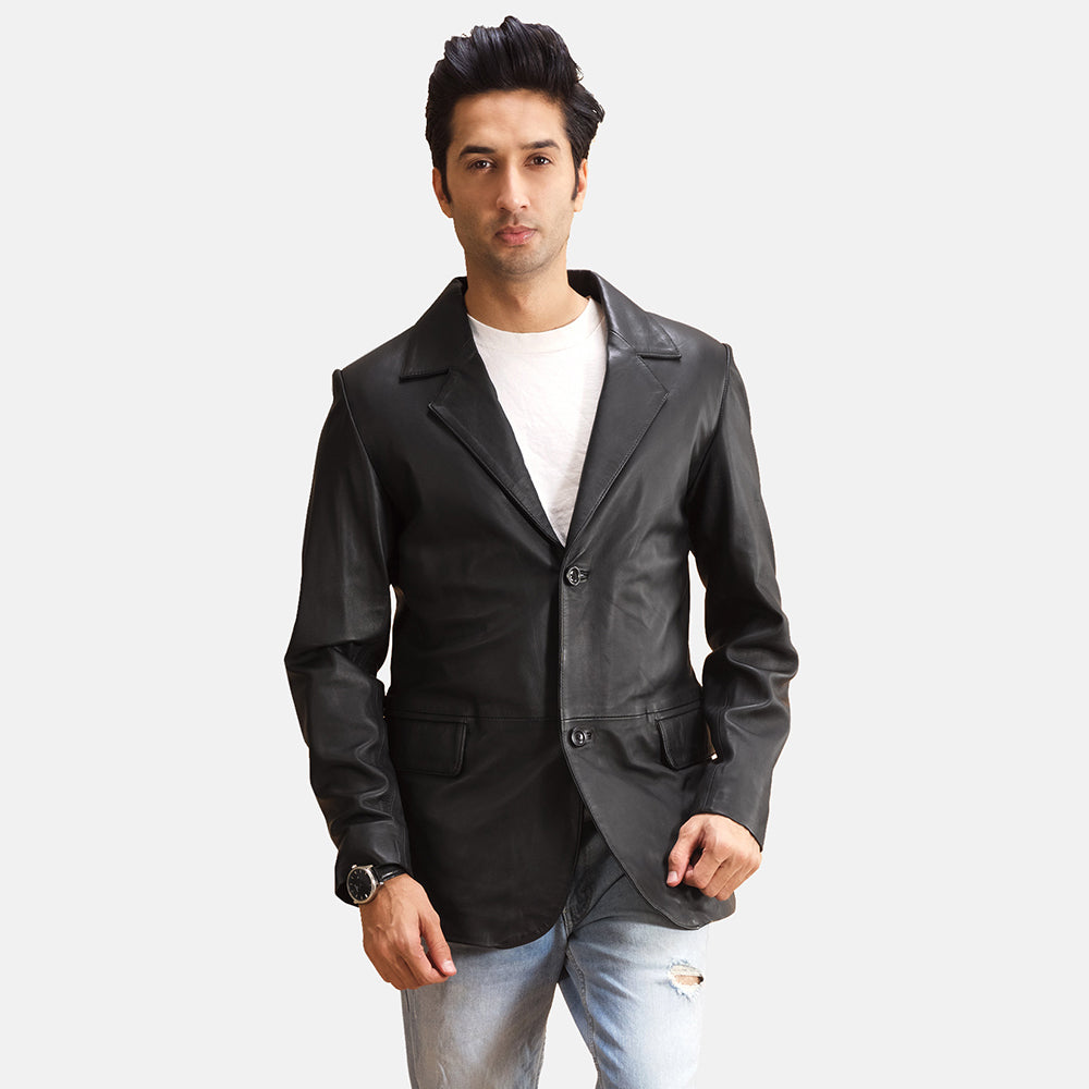 Alyson 블랙 가죽 테일러드 블레이저 남성용 in Black Sheepskin Leather - Front Profile View &amp; Tailored Silhouette | Buy Online