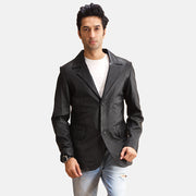Alyson 블랙 가죽 테일러드 블레이저 남성용 in Black Sheepskin Leather - Front Profile View &amp; Tailored Silhouette | Buy Online