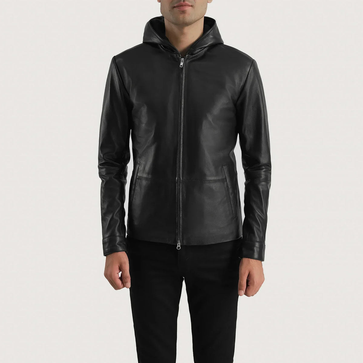 Men's Andy Matte 블랙 Hooded 가죽 자켓 남성용 in Matte Black Sheepskin Leather - Front Profile View &amp; Tailored Silhouette | Buy Online