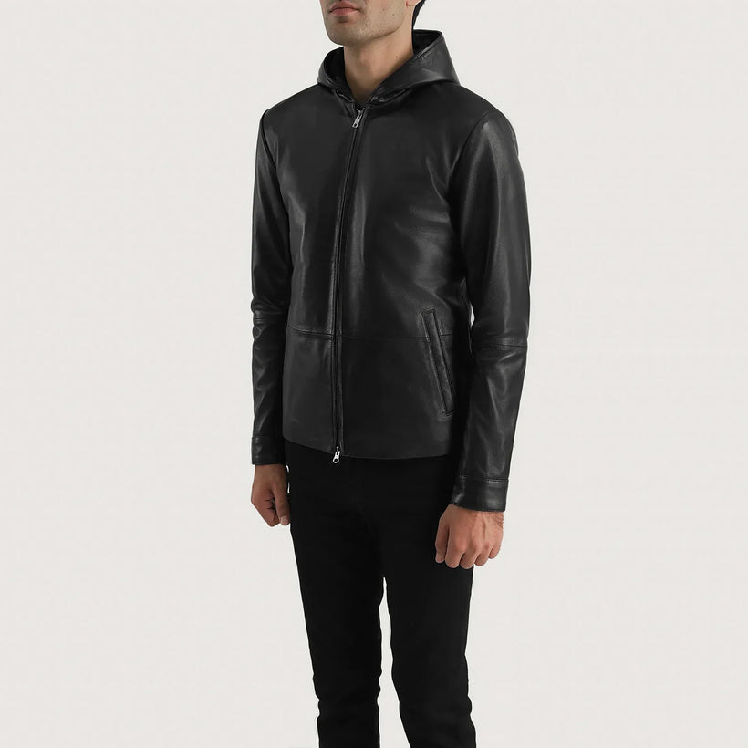 Matte Black Sheepskin Leather Hooded Jacket - Back View Showing Tailored Shoulder Fit & Clean Hemline