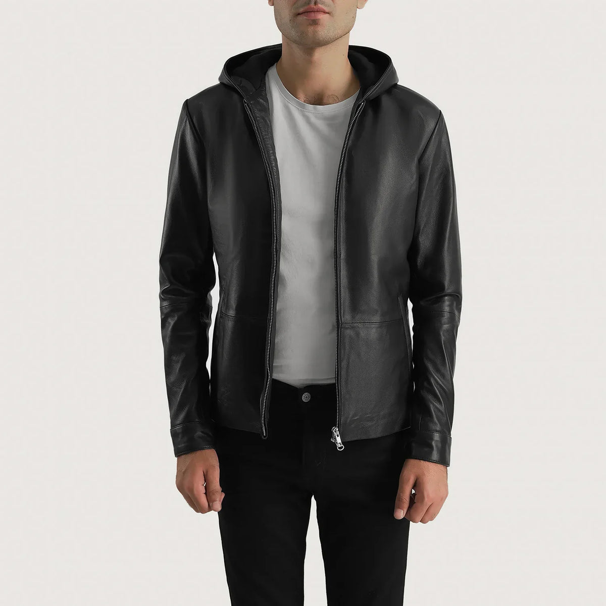Men's Andy Matte 블랙 Hooded 가죽 자켓 남성용 - Lateral Side Profile View Showing Sleeve Cut &amp; Athletic Taper Fit