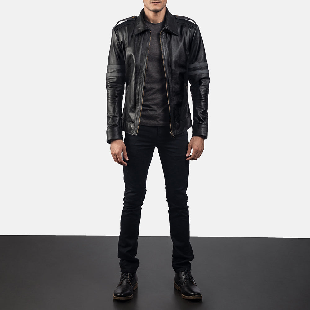 Armstrong 블랙 가죽 라이더 자켓 남성용 - Lateral Side Profile View Showing Sleeve Cut &amp; Athletic Taper Fit