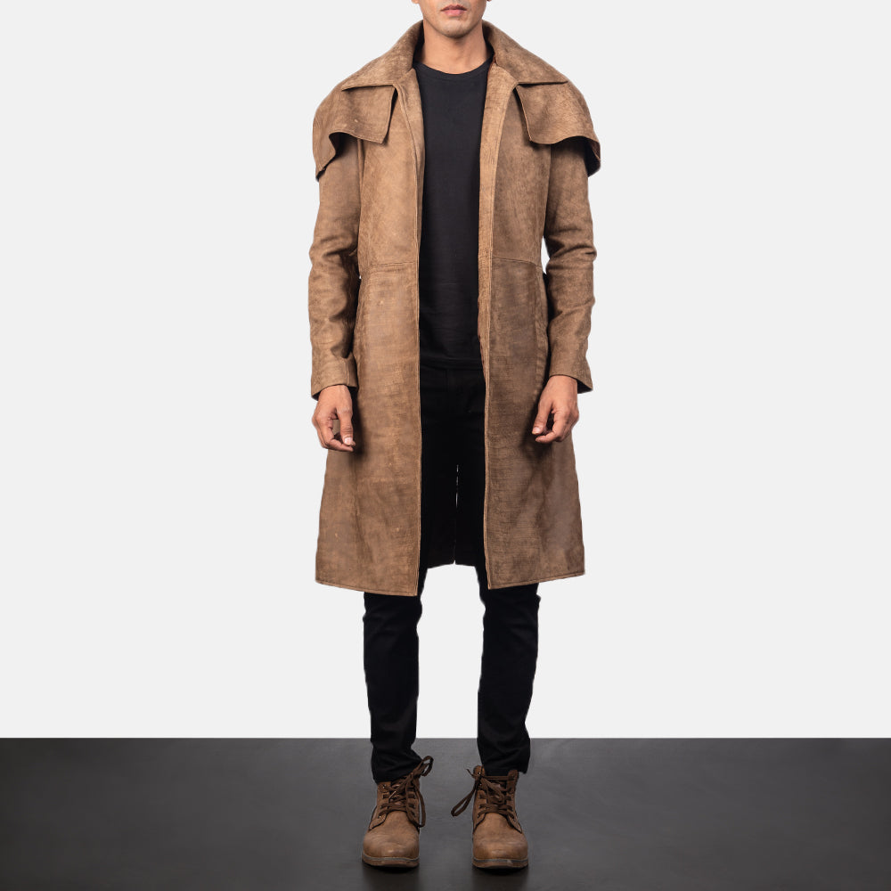 Men's Army 브라운 Leather Duster 남성용 in Distressed Brown Sheepskin Snuffed - Front Profile View &amp; Tailored Silhouette | Buy Online